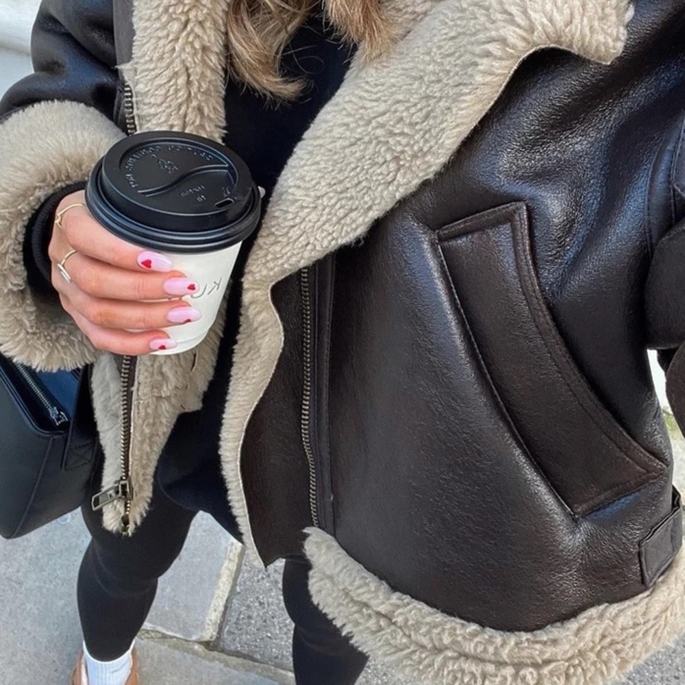 Influencer Famous Aviator Faux Sherling Faux Leather Buckle Moto Coat Jacket - Picture 9 of 14